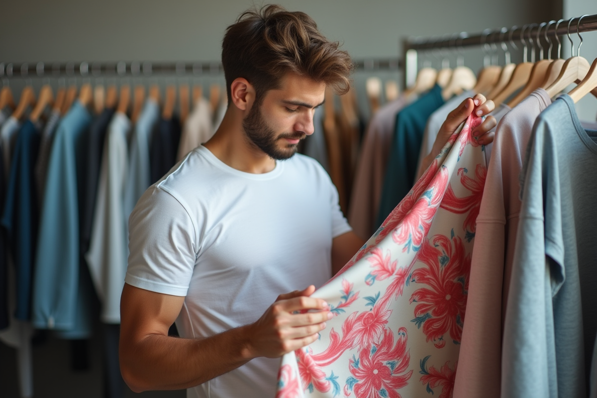 Jeune homme regardant un échantillon de tissu sublimé