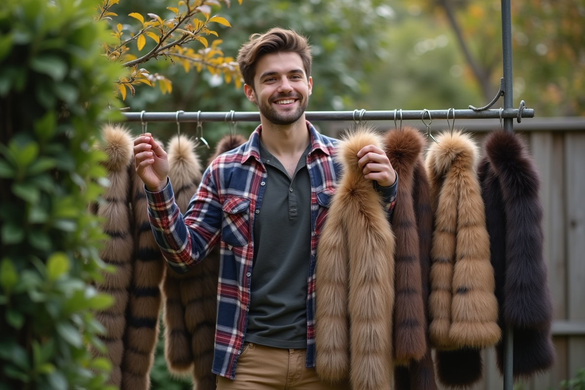 Jeune homme suspendant des cols en fourrure en extérieur