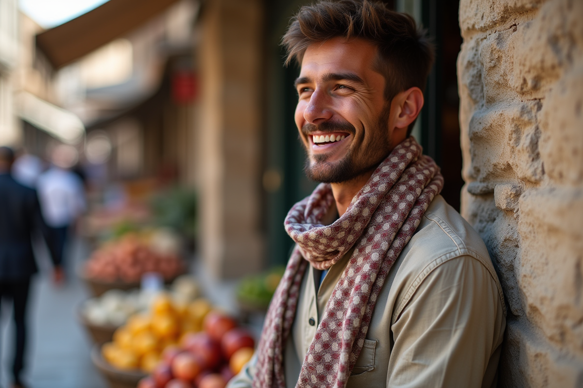 Jeune homme avec foulard dans un marché animé