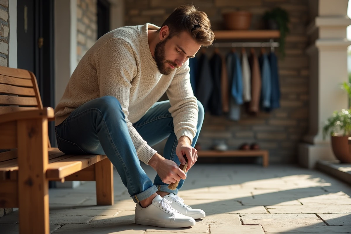 Jeune homme nettoyant des sneakers blanches en intérieur