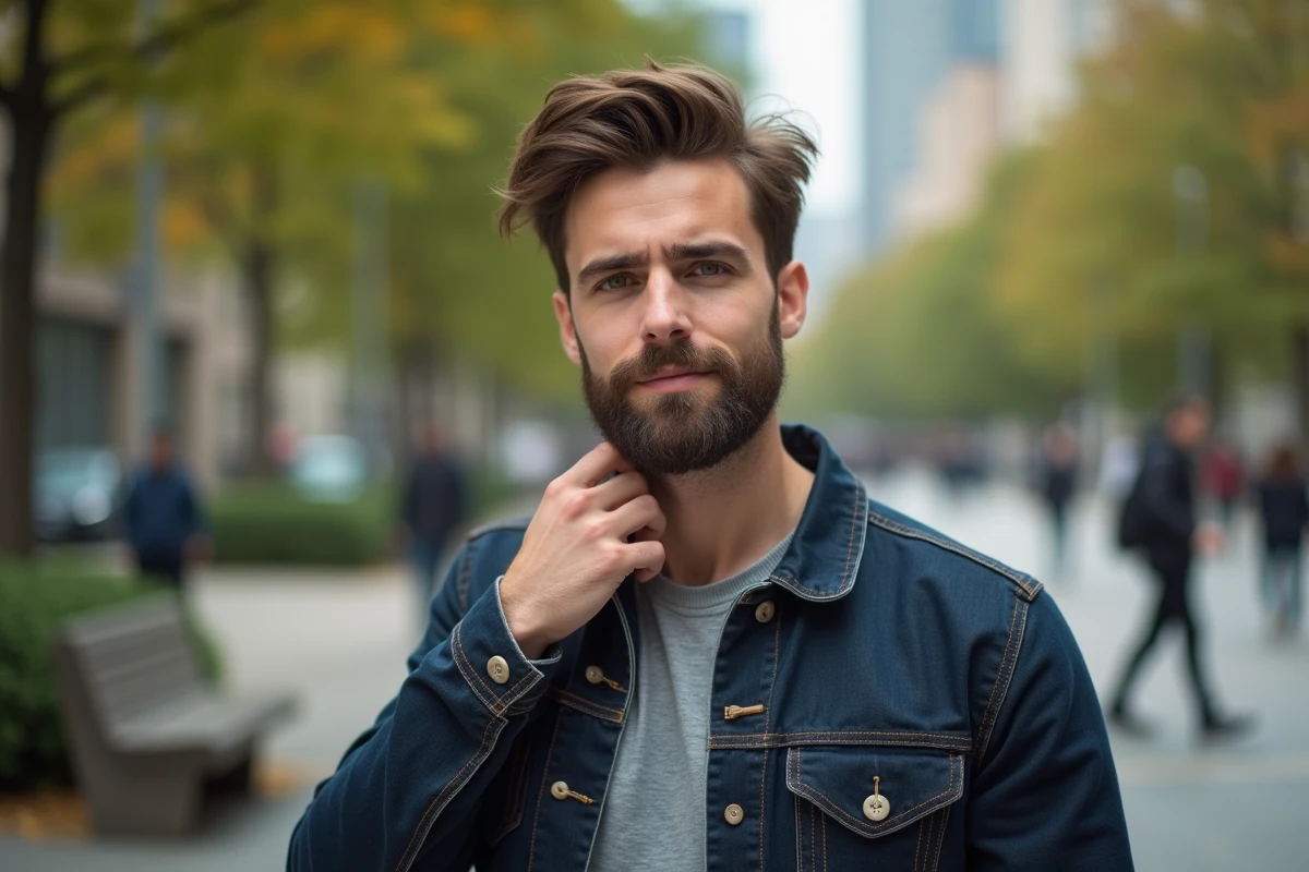 Jeune homme avec barbe dans un parc urbain