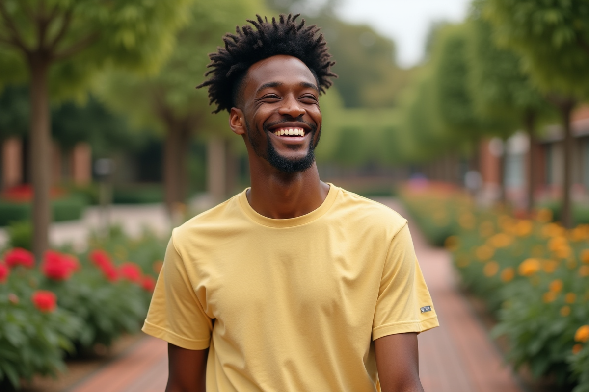 Jeune homme riant dans un jardin fleuri en extérieur