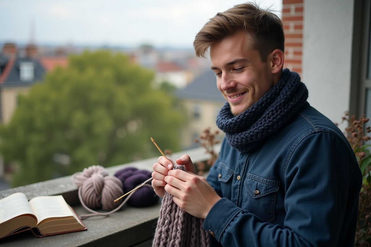 Jeune homme tricotant un écharpe sur un balcon urbain
