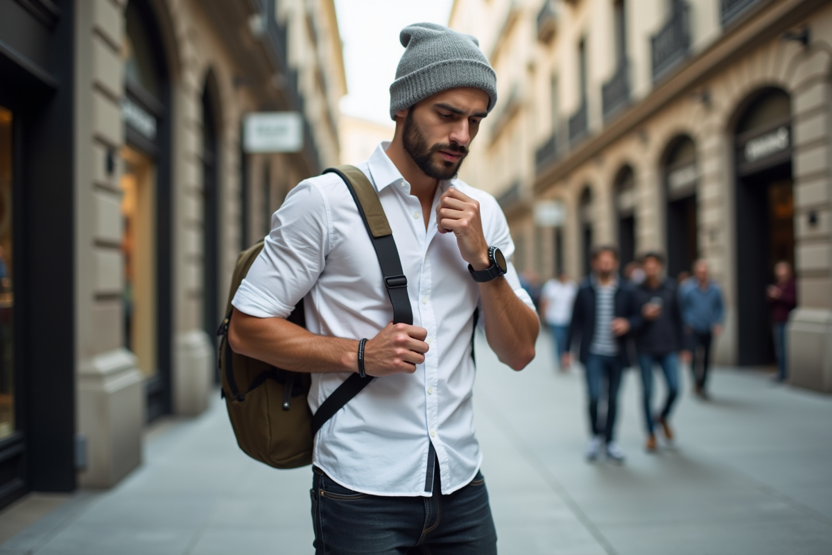 Jeune homme ajustant son sac à dos en ville