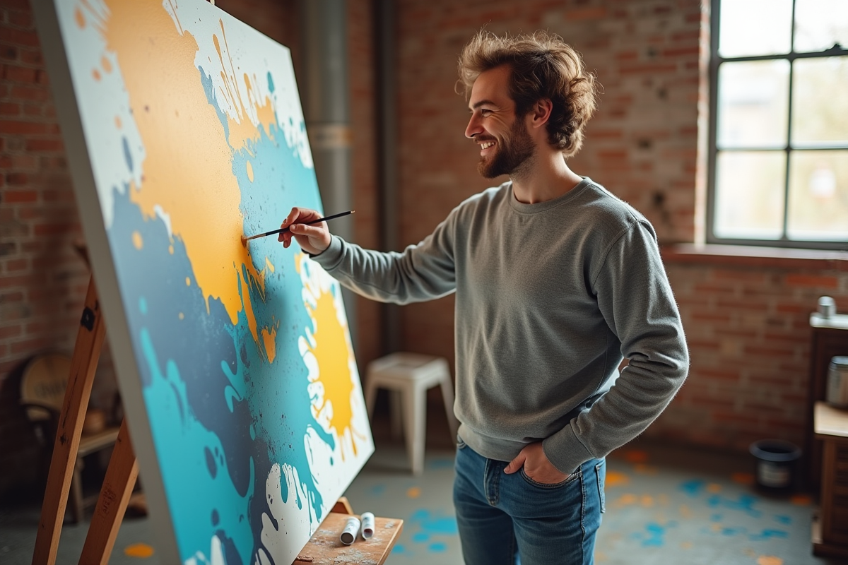 Jeune homme peignant une toile avec couleur Pantone 2024