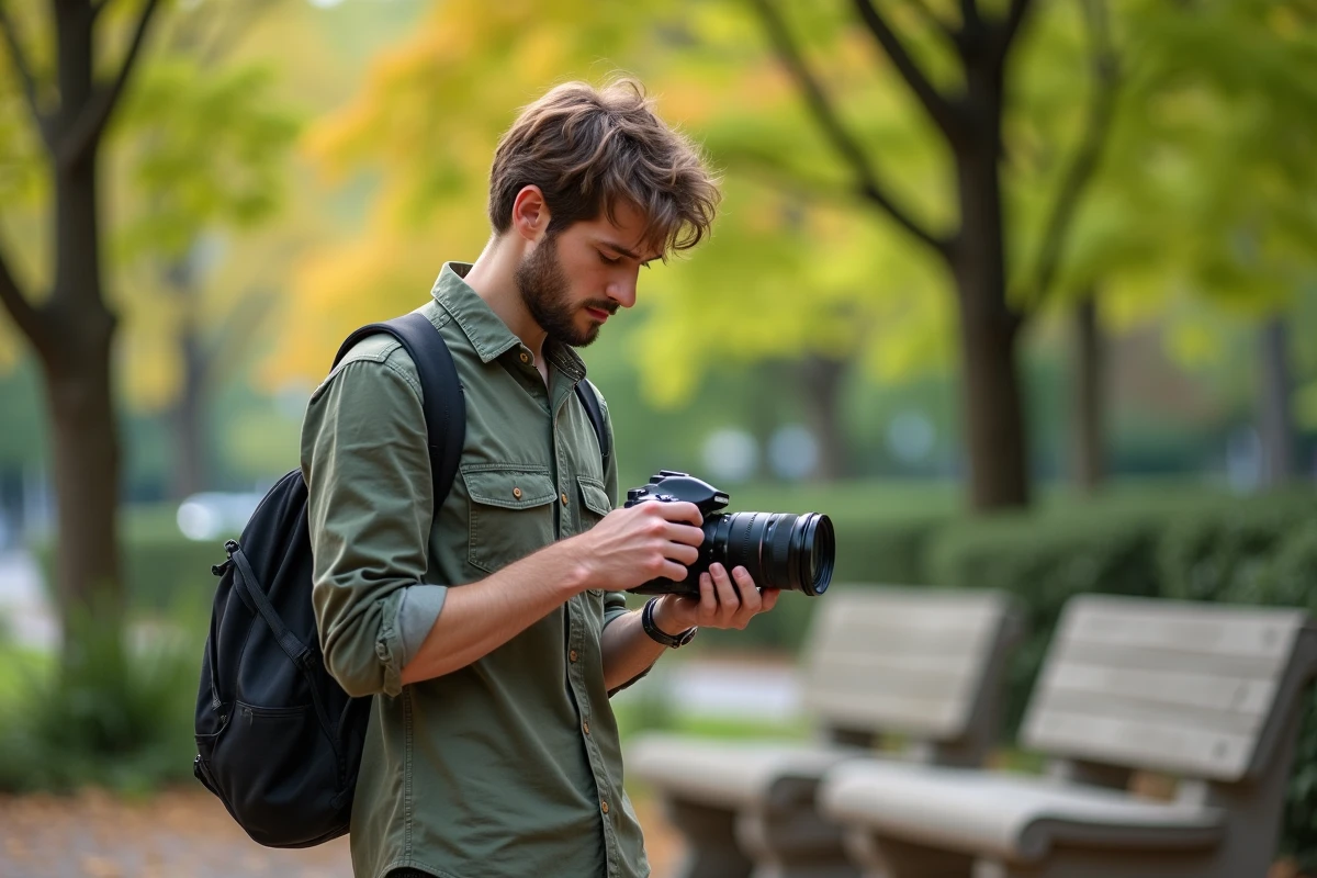 Jeune photographe v&eacute;rifiant ses r&eacute;glages dans un parc urbain