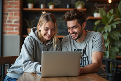 Deux jeunes adultes souriants au café avec ordinateur portable