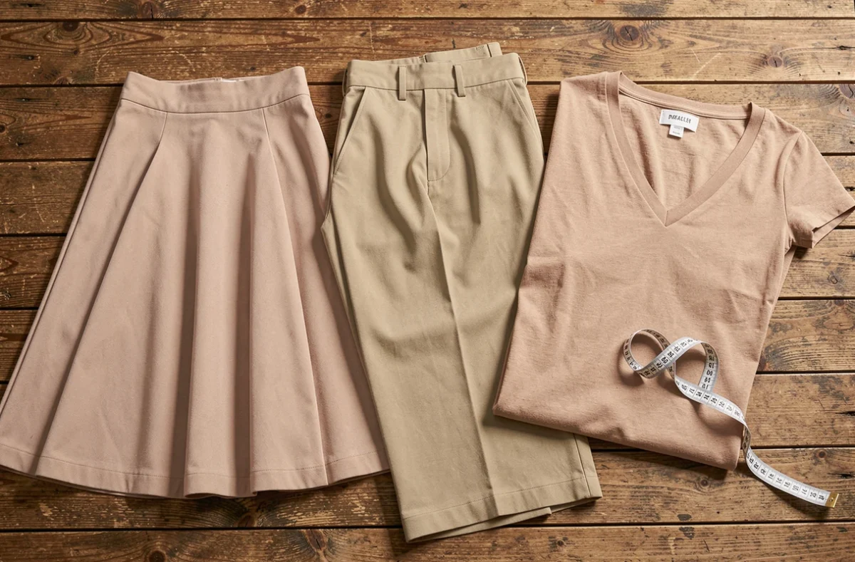 Jupe trapèze, pantalon large et haut à col en V avec un mètre ruban