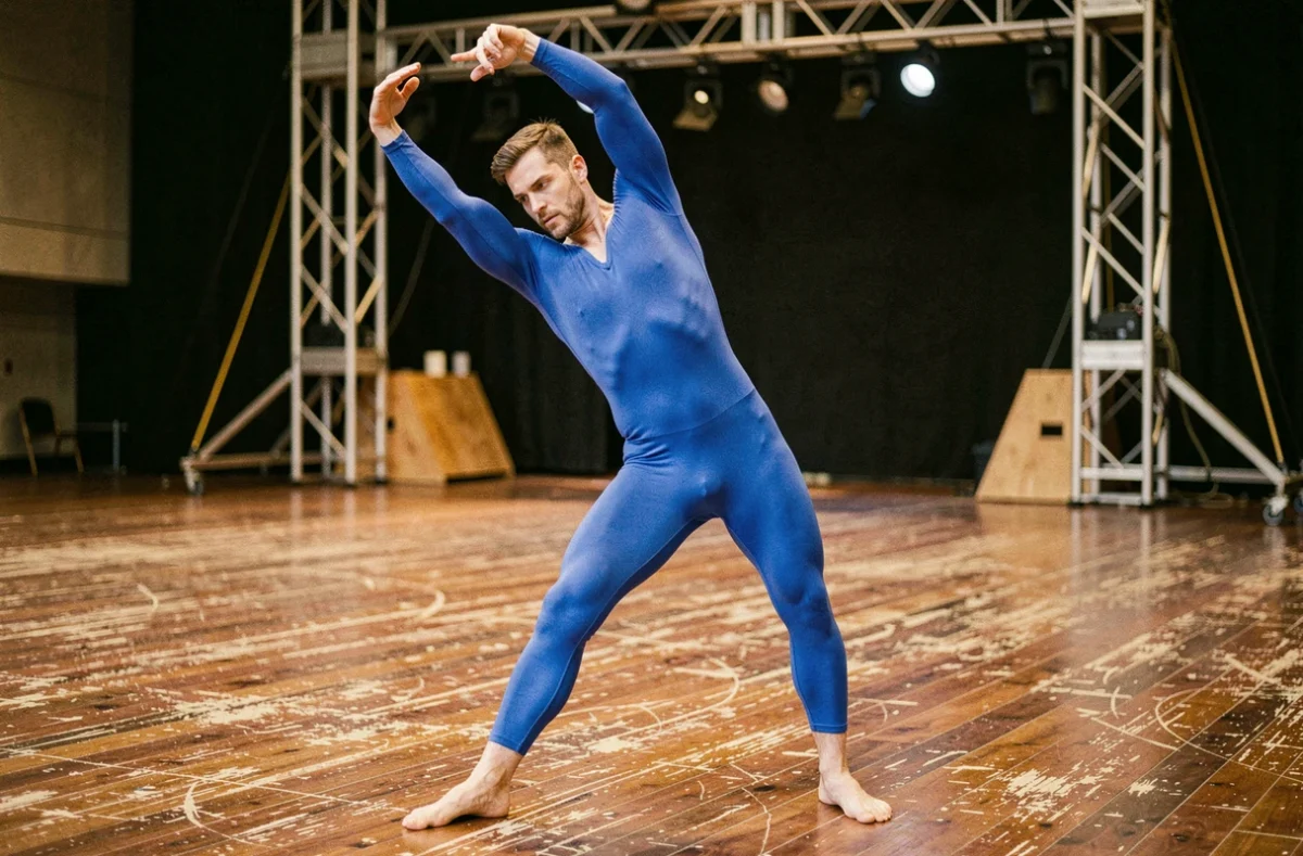 Artiste de cirque masculin en justaucorps spandex bleu royal sur scène de répétition