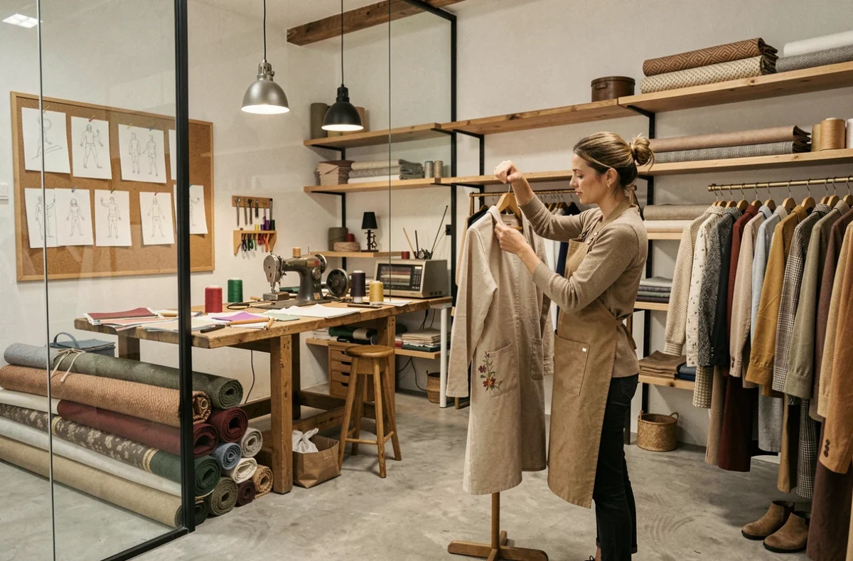 Atelier-boutique Kalika Studio en Gironde avec espace de création visible et vêtements artisanaux en exposition