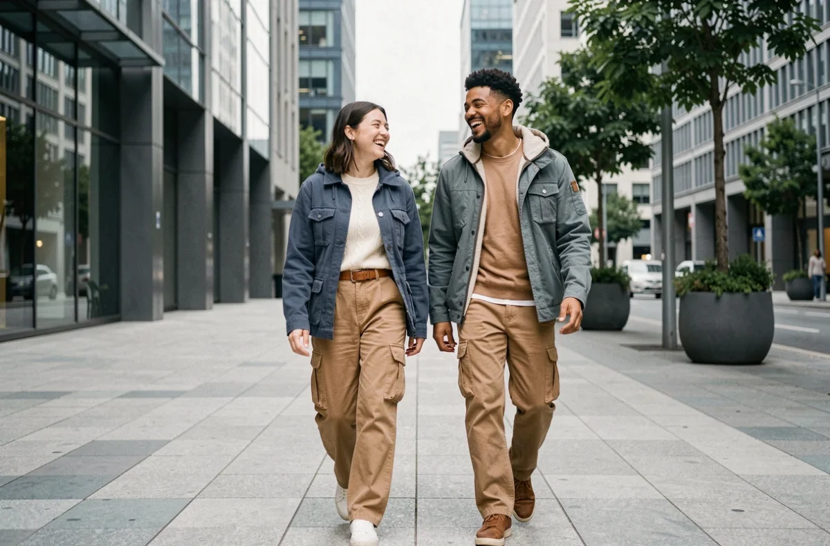 Deux amis aux tenues tendance 2026 mêlant silhouettes utilitaires et coupes taillées, marchant dans une avenue contemporaine, look mode naturel et accessible