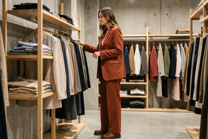 Femme trendy en blazer terracotta et pantalon large dans un concept store parisien, look 2026 accessible et élégant