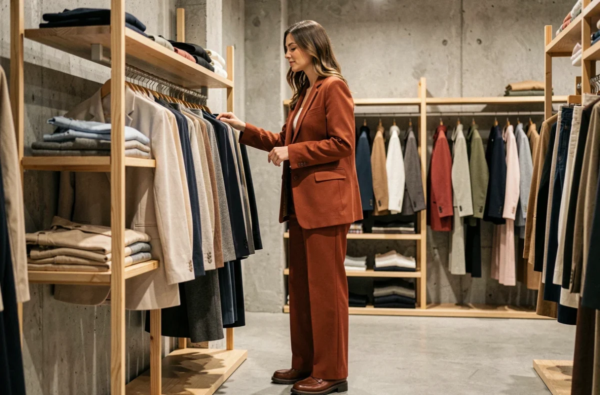 Femme trendy en blazer terracotta et pantalon large dans un concept store parisien, look 2026 accessible et élégant