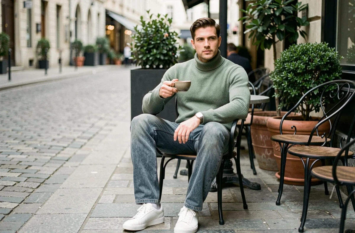 Homme stylé en pull col montant vert sauge et jean droit assis en terrasse de café urbain, tendances mode 2026 masculines