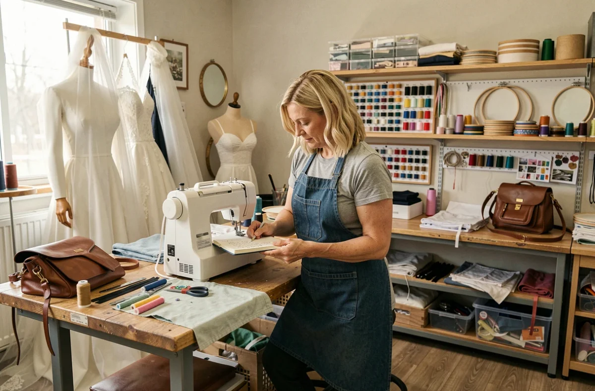Couturière polyvalente dans son atelier M'Couture à Laval, jonglant entre plusieurs projets de couture