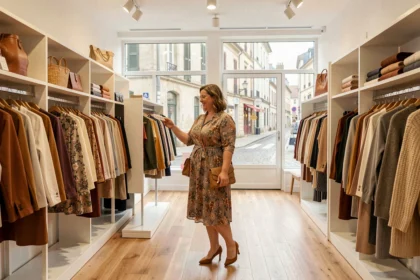 Une femme ronde et souriante parcourt les rayons d'une boutique de vêtements grande taille en Bourgogne-Franche-Comté, entourée de robes et tenues colorées sur des portants bien organisés.