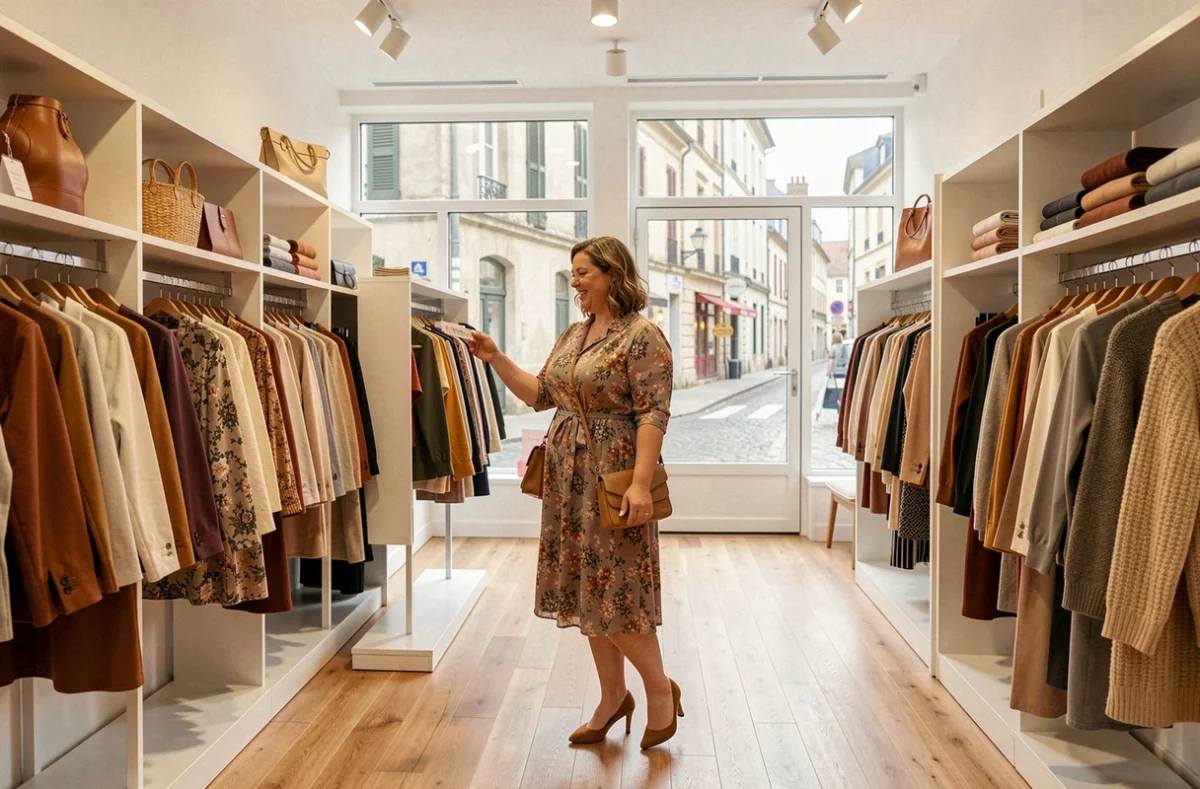 Une femme ronde et souriante parcourt les rayons d'une boutique de vêtements grande taille en Bourgogne-Franche-Comté, entourée de robes et tenues colorées sur des portants bien organisés.