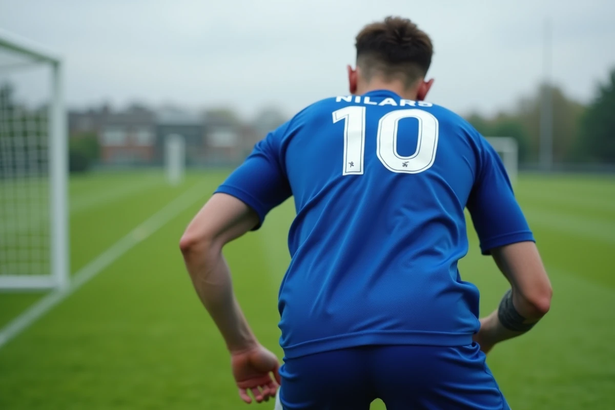 Footballeur accroupi sur terrain d'entraînement portant un maillot Blue Lock vue de dos avec numéro imprimé