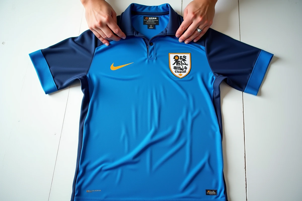 Maillot Blue Lock posé à plat sur table blanche mettant en valeur l'écusson brodé et la finition du col