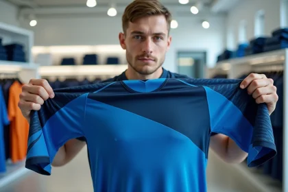 Joueur tenant un maillot Blue Lock bleu et noir pour examiner la texture du tissu en magasin de sport