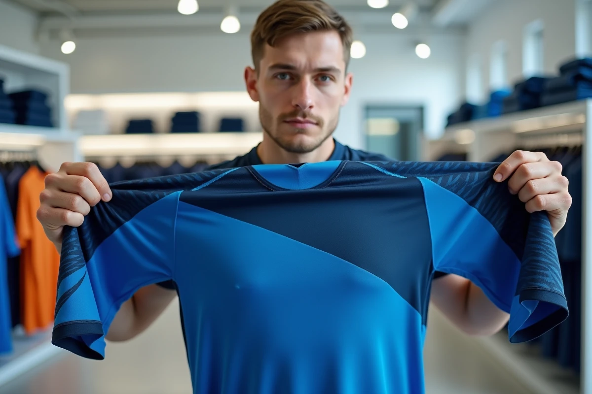 Joueur tenant un maillot Blue Lock bleu et noir pour examiner la texture du tissu en magasin de sport