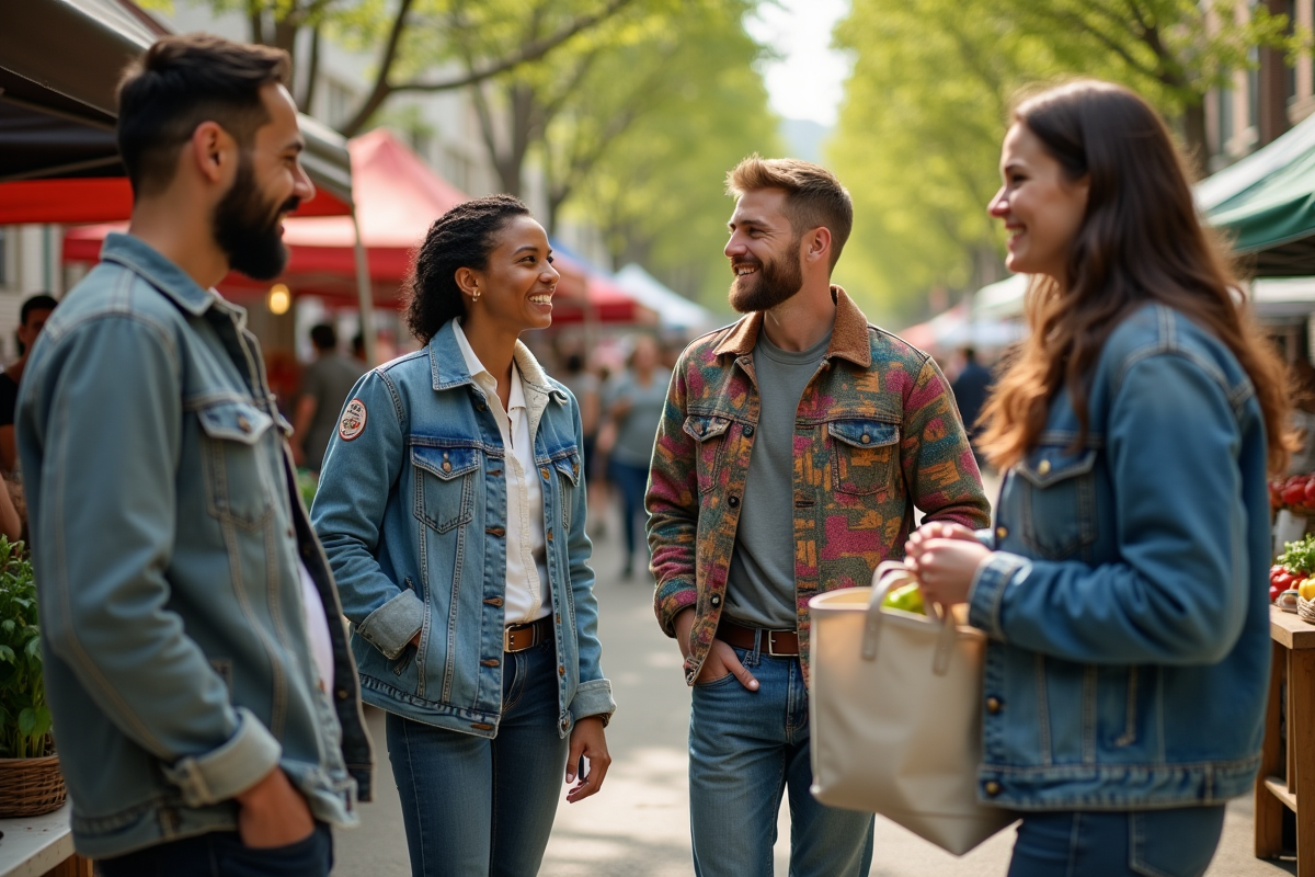 Jeunes avec vêtements recyclés au marché local