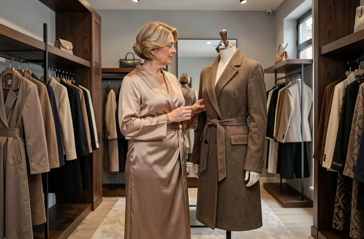 Une femme élégante et ronde examine un manteau tailleur dans la boutique Marina Rinaldi de Dijon, entourée de créations italiennes haut de gamme dans un cadre intérieur aux finitions en noyer sombre.