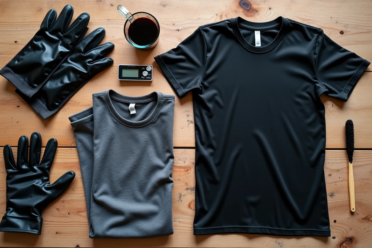 Vue de dessus des matériaux nécessaires pour teindre un vêtement en noir à la maison, dont teinture, gants et tissu