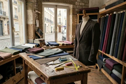 Atelier de tailleur sur mesure en Loire-Atlantique avec des étoffes, un mannequin et des outils de couture traditionnels