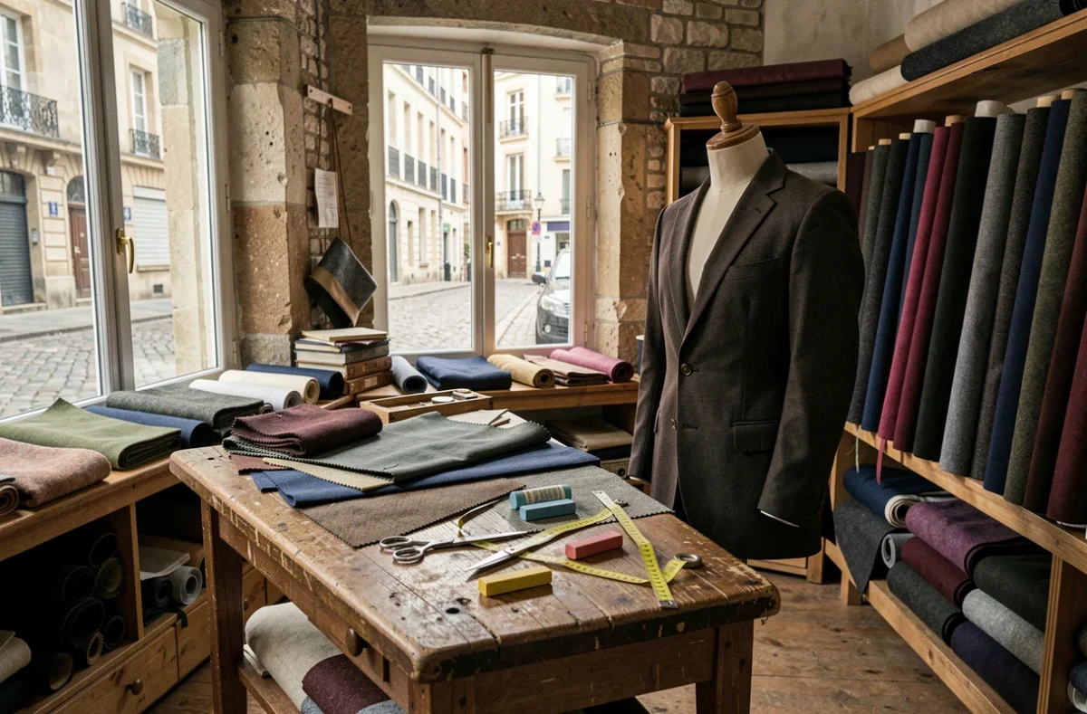 Atelier de tailleur sur mesure en Loire-Atlantique avec des étoffes, un mannequin et des outils de couture traditionnels
