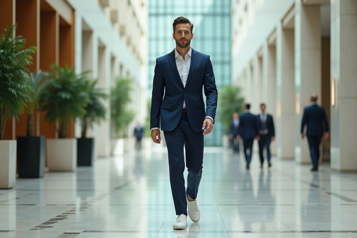 Model en costume dans un hall lumineux et moderne