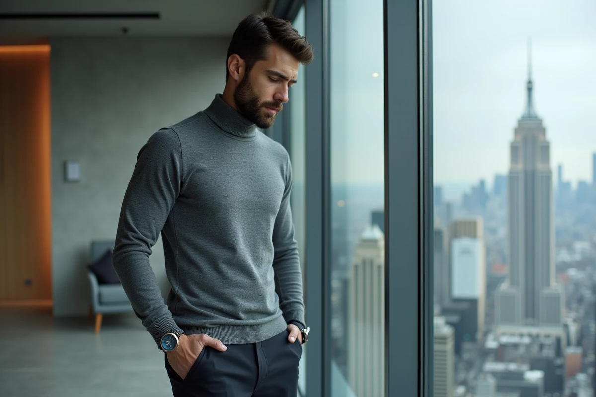Homme barbu en col roulé gris contemplant sa montre géométrique devant une fenêtre avec vue sur la ville
