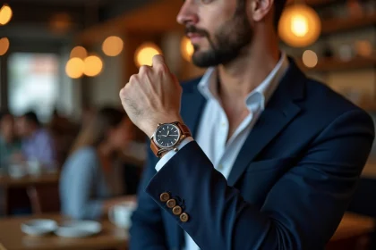 Homme élégant en blazer marine révélant une montre mécanique vintage au poignet dans un café urbain moderne