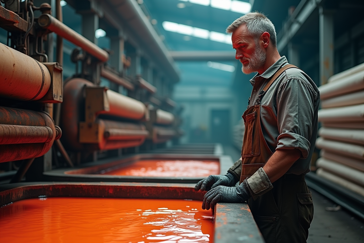 Ouvrier dans une usine textile avec cuves de teinture colorées