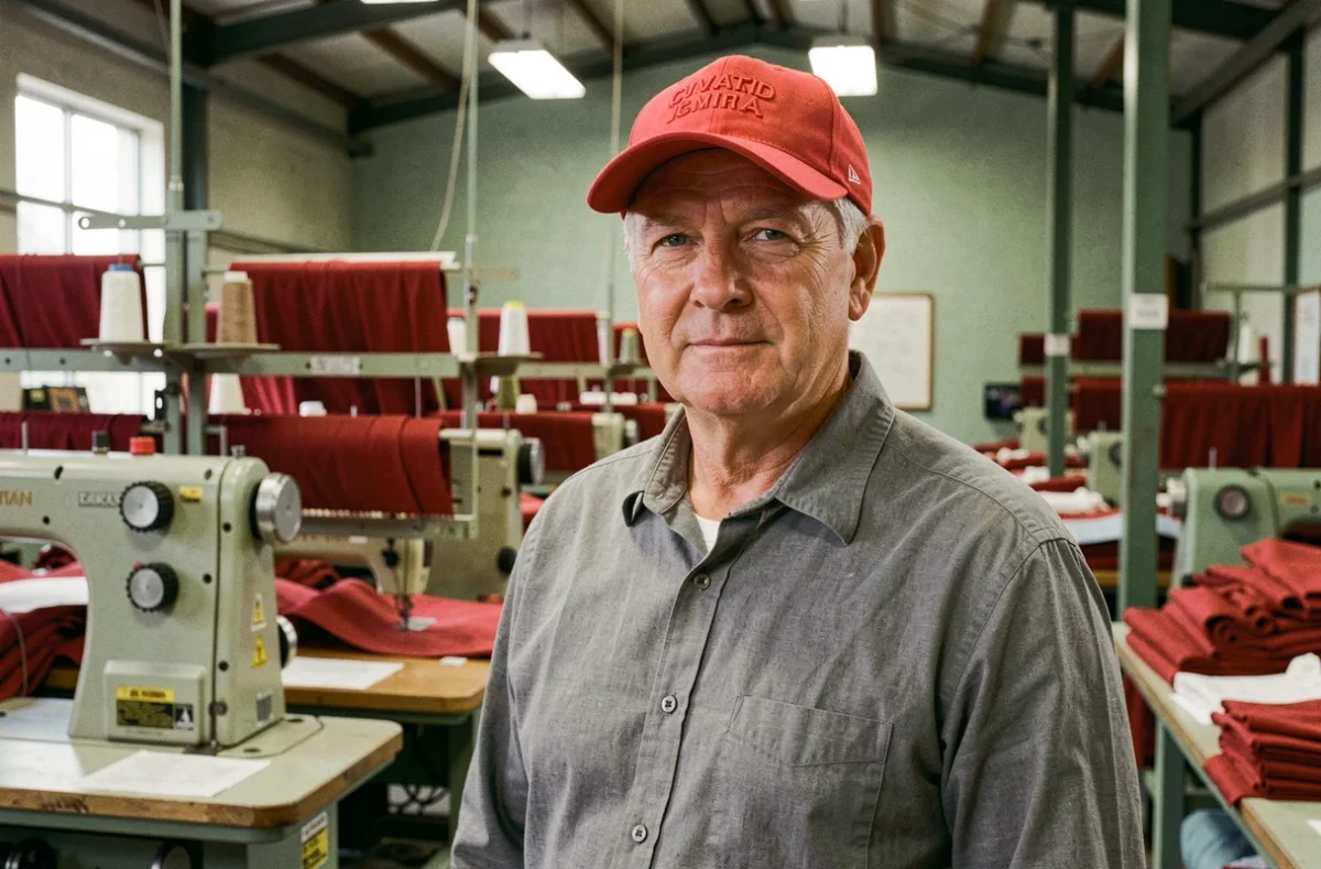 Ouvrier américain portant une casquette rouge dans une usine textile américaine spécialisée dans la fabrication locale