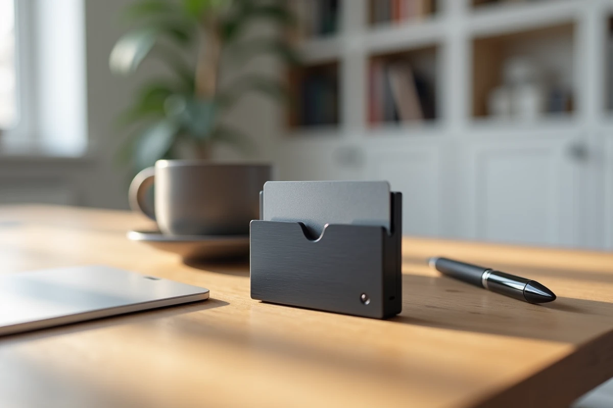 Porte-cartes minimaliste en aluminium brossé sur bureau en chêne avec tasse à café et stylo dans un bureau scandinave