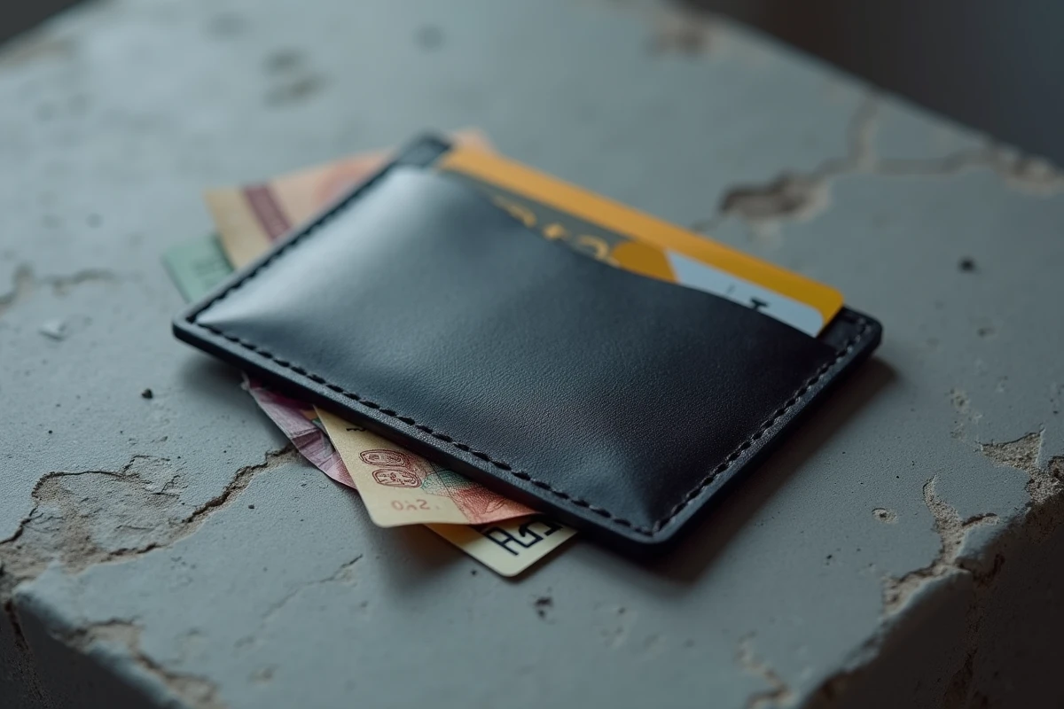Porte-cartes homme minimaliste en cuir anthracite posé sur béton brut avec cartes de crédit et billet, vue de dessus