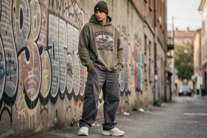 Jeune homme portant un bonnet Grvty olive avec un look streetwear urban composé d'un hoodie oversize et d'un cargo charcoal dans une ruelle graffitée