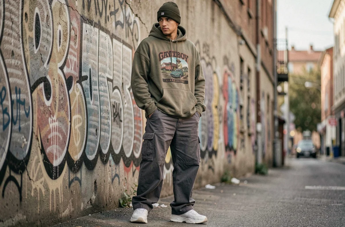 Jeune homme portant un bonnet Grvty olive avec un look streetwear urban composé d'un hoodie oversize et d'un cargo charcoal dans une ruelle graffitée