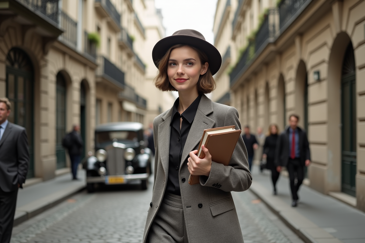 Jeune femme en costume vintage marchant dans Paris