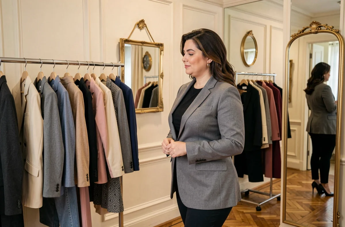 Une cliente grande taille essaie un blazer élégant dans la boutique Prestance à Dijon, reflétée dans un miroir au milieu d'un cadre de boutique raffinée aux murs crème et au parquet clair.
