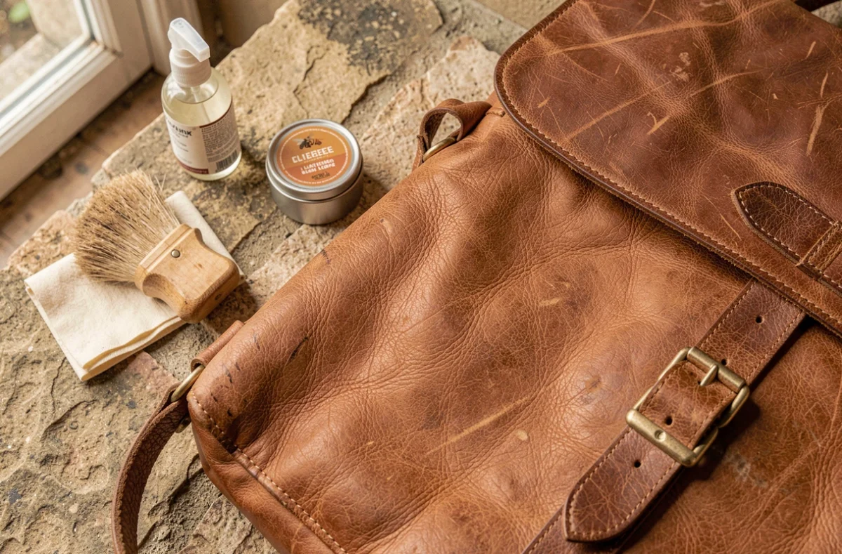 Produits d'entretien pour sacoche en cuir grande taille homme disposés à côté du sac sur une surface en pierre