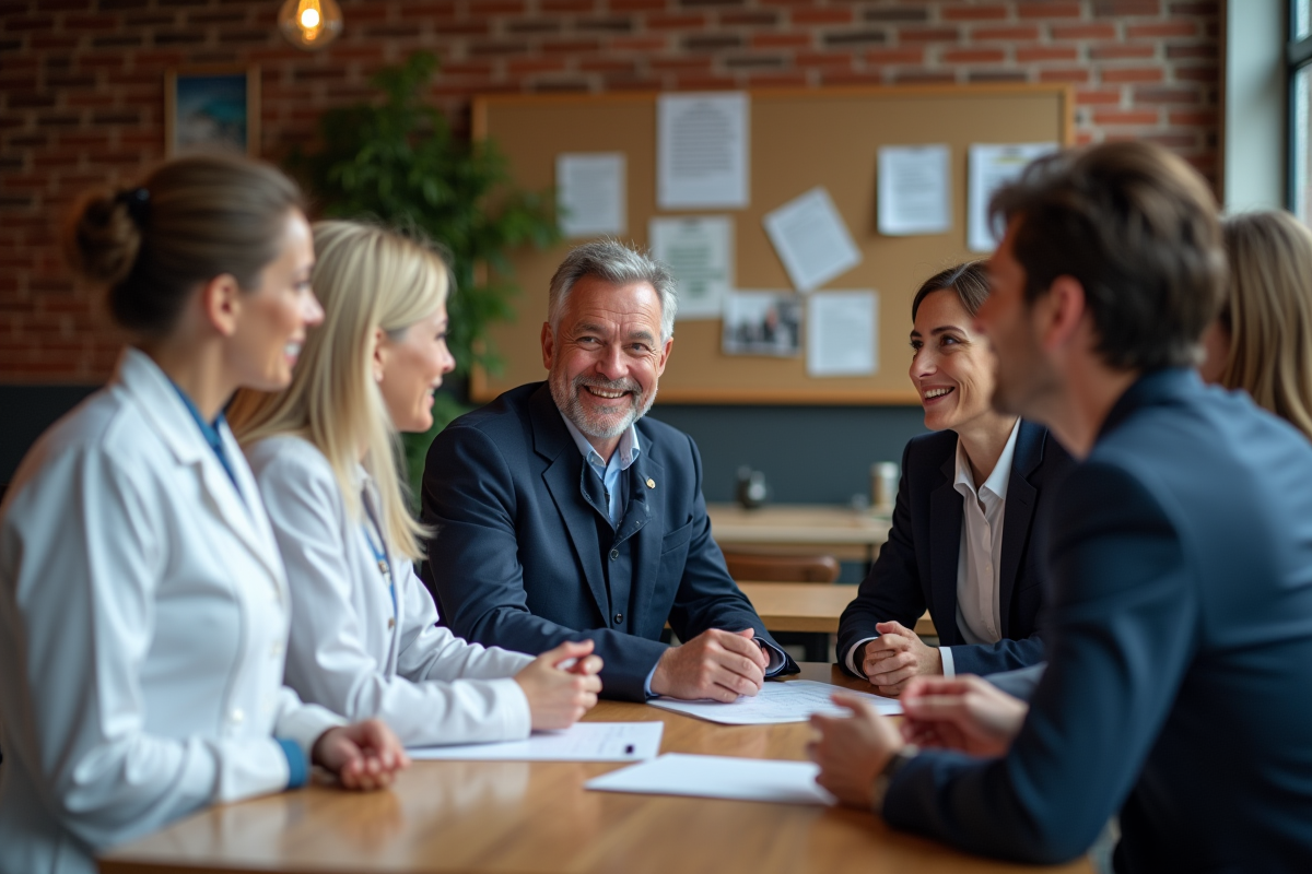 Groupe de professionnels discutant dans un lounge industriel