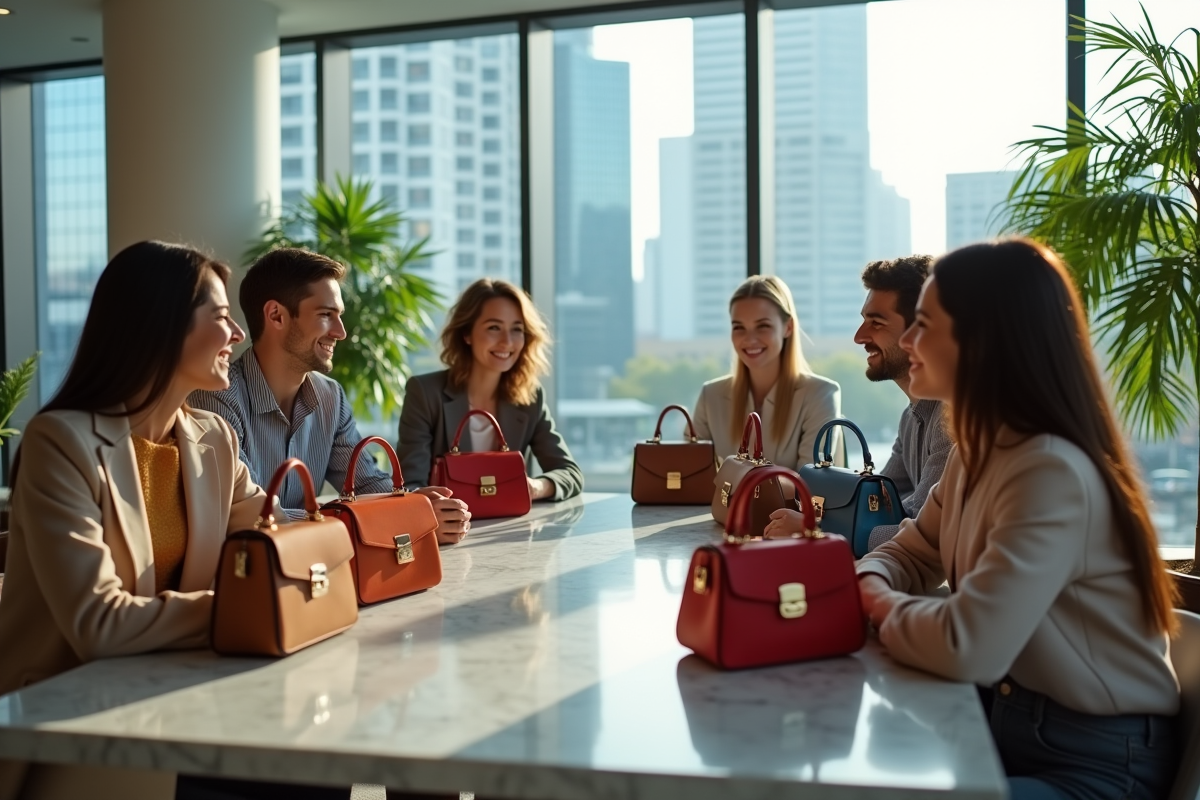 Groupe de jeunes professionnels avec sacs de créateurs en intérieur