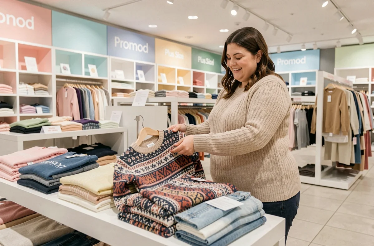 Une jeune femme ronde et souriante explore le rayon grande taille d'un magasin Promod dans un centre commercial de Bourgogne-Franche-Comté, tenant un pull à motifs coloré au-dessus d'une table de présentation soigneusement pliée.
