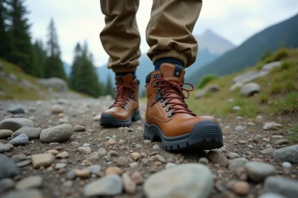 Rangers de randonnée homme en cuir sur sentier alpin rocheux avec semelles Vibram