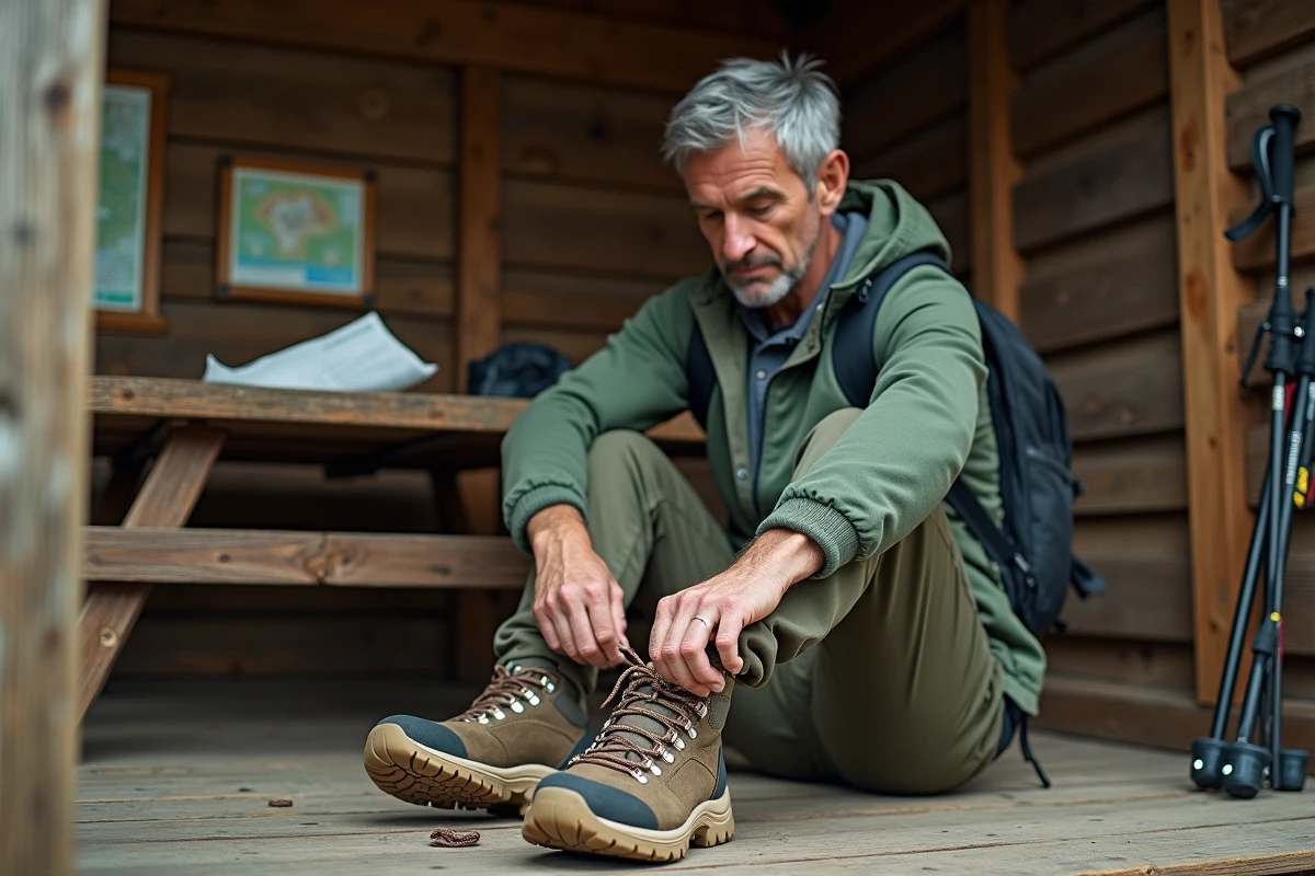 Homme lacant ses rangers de randonnée mid-cut à l'abri d'un départ de sentier