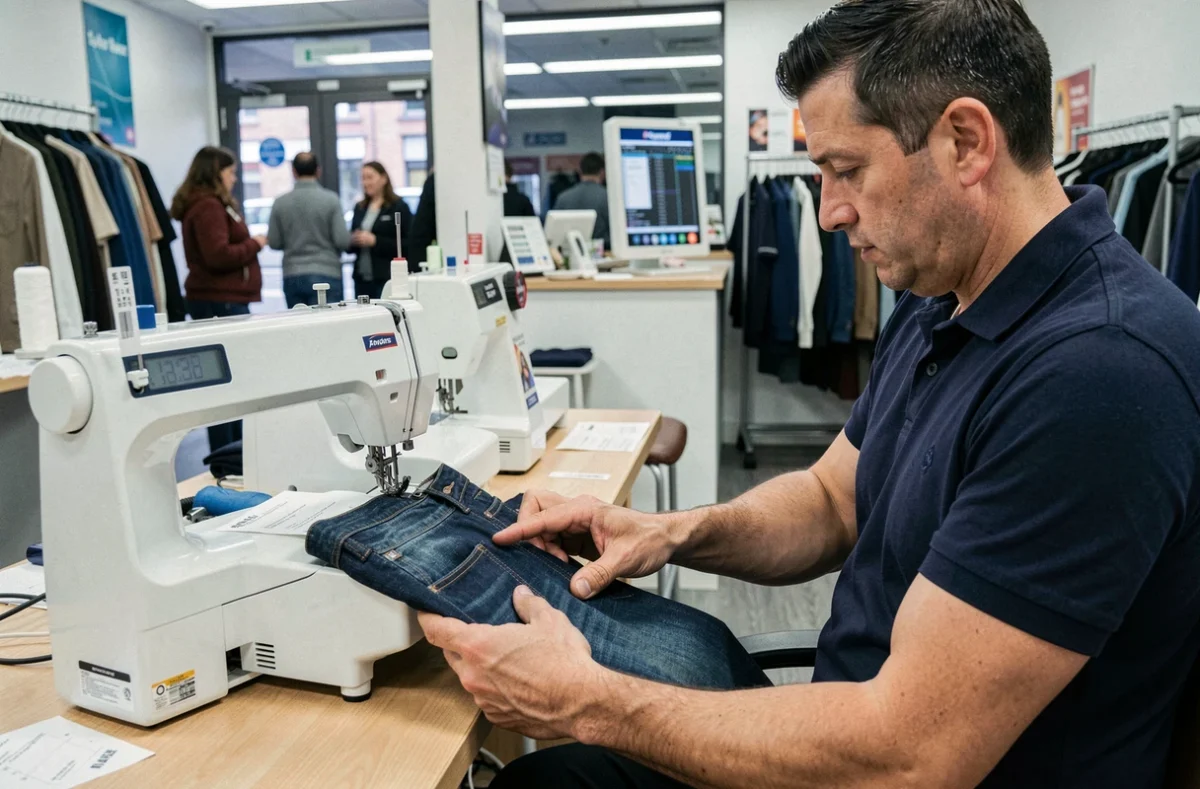 Tailleur réalisant une retouche express sur un pantalon chez Rapid'Couture à Angers