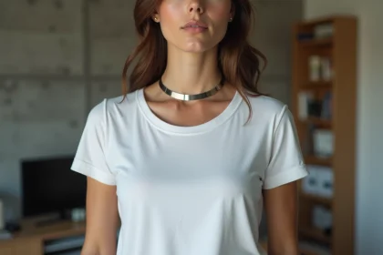 Femme portant un ras du cou en acier inoxydable avec un t-shirt blanc dans un appartement minimaliste