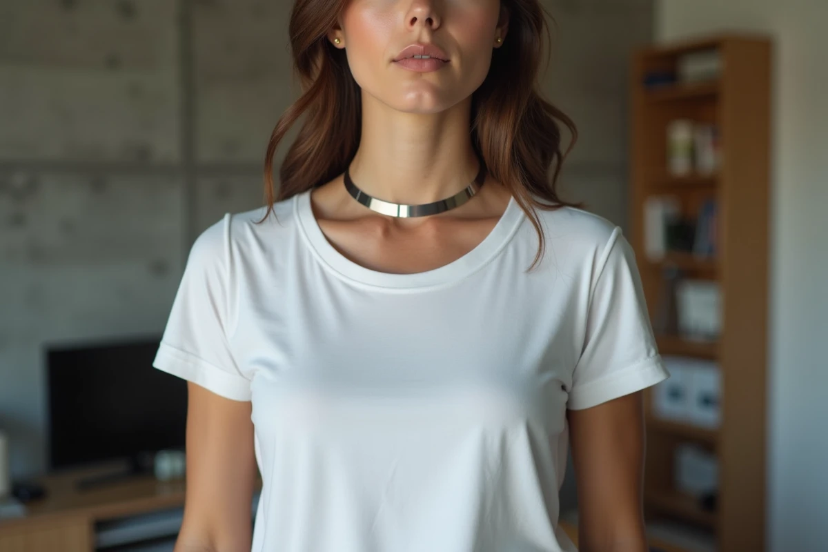 Femme portant un ras du cou en acier inoxydable avec un t-shirt blanc dans un appartement minimaliste